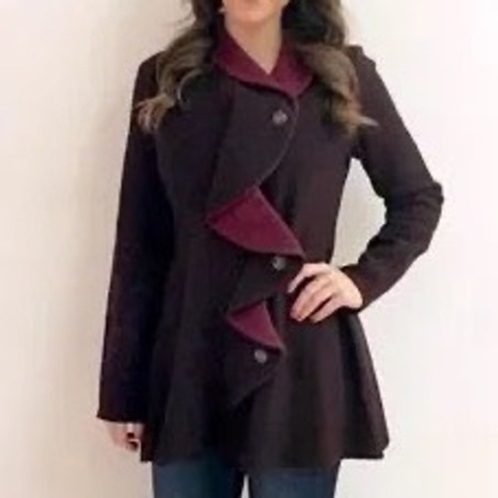 Anthropologie Rosie Neira Burgundy 100% Wool Ruffle Front‎ artsy
